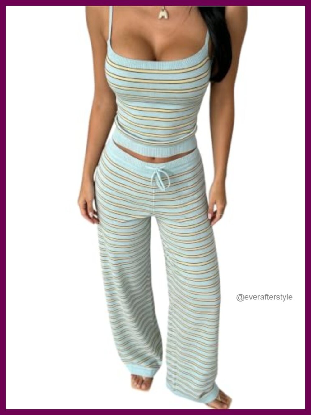 Women's Striped 2 Piece Lounge Set Cami Top Wide Leg Pants Outfit